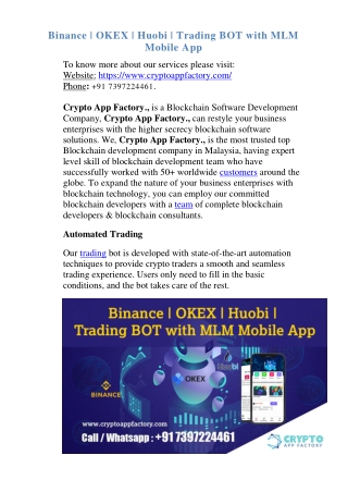 Binance  OKEX  Huobi  Trading BOT with MLM Mobile App