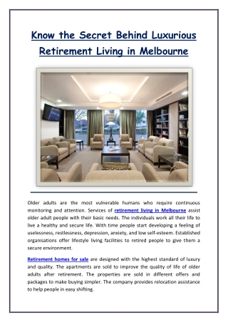 Know the Secret Behind Luxurious Retirement Living in Melbourne