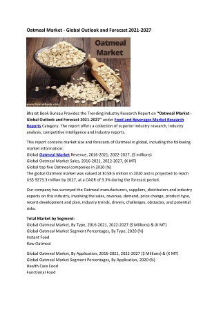 Oatmeal Market - Global Outlook and Forecast 2021-2027