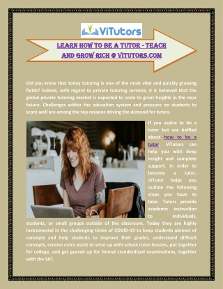 Learn how to be a tutor - Teach and grow rich @ ViTutors.com