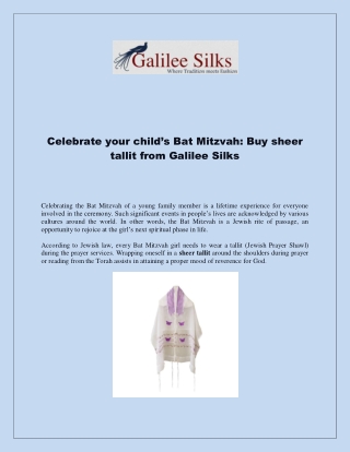 Celebrate your child’s Bat Mitzvah - Buy sheer tallit from Galilee Silks