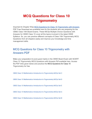 MCQs Class 10 Trigonometry with Answers PDF Download