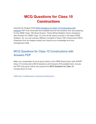 MCQs Class 10 Constructions with Answers PDF Download