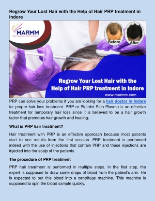 Regrow Your Lost Hair with the Help of Hair PRP treatment in Indore