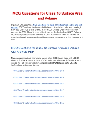 MCQs Class 10 Surface Area and Volume with Answers PDF Download