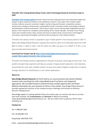 Thrombin Time Testing Market Rising Trends, Latest Technologies Research and Fut