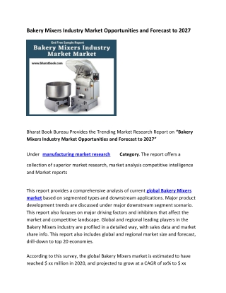 Global Bakery Mixers Industry Market and Forecast to 2027