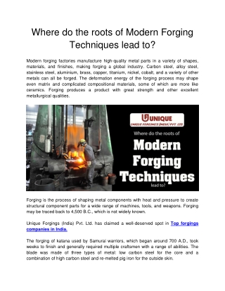 Unique Forgings - Where do the roots of Modern Forging Techniques lead to