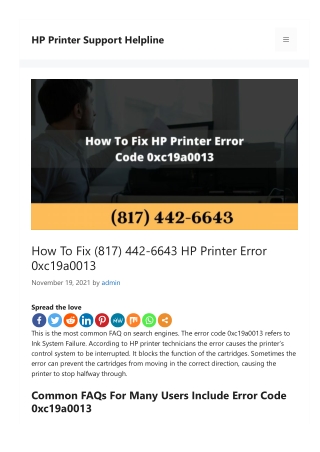 How To Fix (817) 442-6643 HP Printer Error 0xc19a0013