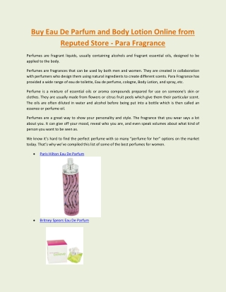 Buy Eau De Parfum and Body Lotion Online from Reputed Store