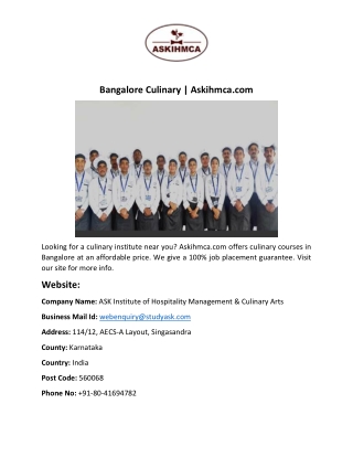 Bangalore Culinary | Askihmca.com