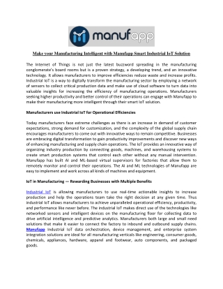 Make your Manufacturing Intelligent with Manufapp Smart Industrial IoT Solution