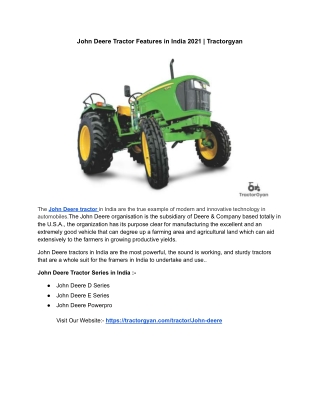 John Deere Tractor Features in India 2021 | Tractorgyan