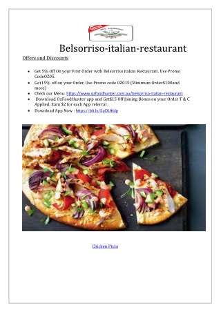 15% off - Belsorriso Italian restaurant Menu, NSW