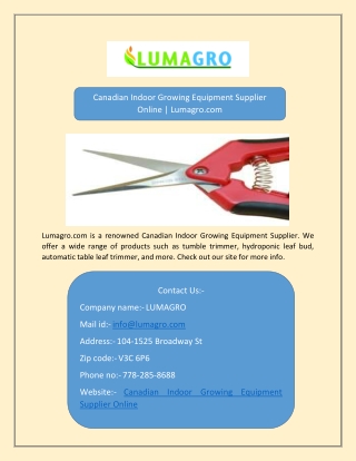 Canadian Indoor Growing Equipment Supplier Online