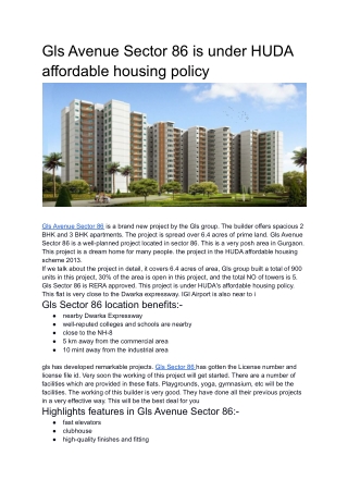 Gls Avenue Sector 86 is under HUDA affordable housing policy