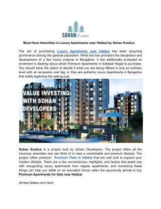 Must Have Amenities in Luxury Apartments near Hebbal by Sohan Exotica