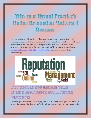 Why your Dental Practice's Online Reputation Matters: 4 Reasons.