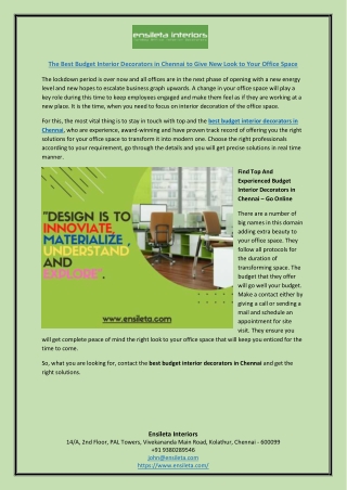The Best Budget Interior Decorators in Chennai to Give New Look to Your Office Space