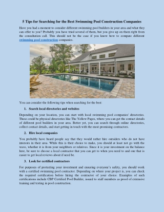 5 Tips for Searching for the Best Swimming Pool Construction Companies