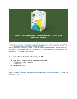 Tenofovir Disoproxil Fumarate and Emtricitabine tablets in Malaysia