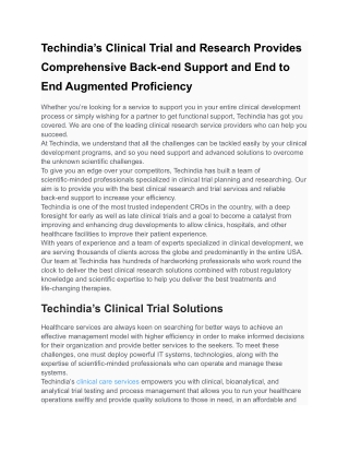 Techindia’s Clinical Trial and Research Provides Comprehensive Back-end Support