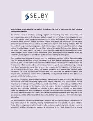 Selby Jennings Offers Financial Technology Recruitment Services to Businesses to Meet Growing International Demands