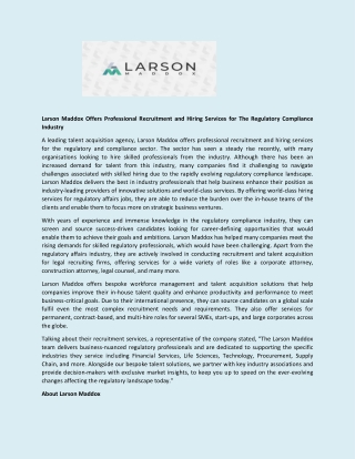 Larson Maddox Offers Professional Recruitment and Hiring Services for The Regulatory Compliance Industry