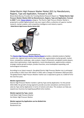 Global Electric High Pressure Washer Market 2021 by Manufacturers, Regions, Type