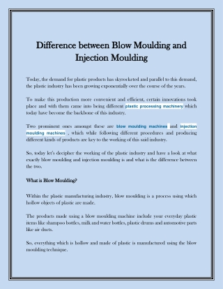 Difference between Blow Moulding and Injection Moulding