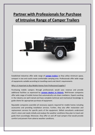 Partner with Professionals for Purchase of Intrusive Range of Camper Trailers