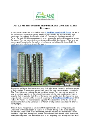 Best 2, 3 Bhk Flats for sale in KR Puram at Arsis Green Hills by Arsis Developers