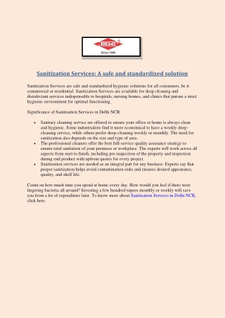 Sanitization Services A safe and standardized solution