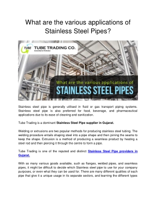 What are the various applications of Stainless Steel Pipes?