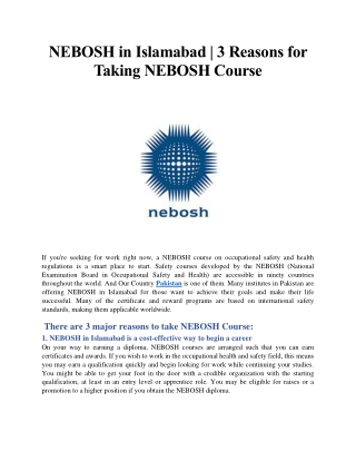 NEBOSH in Islamabad - 3 Reasons for Taking NEBOSH Course