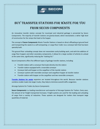 Buy Transfer Stations for Waste for You from Secon Components