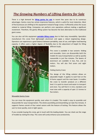 The Growing Numbers of Lifting Gantry for Sale