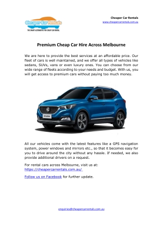 Premium cheap car hire across Melbourne