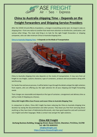 China to Australia shipping Time Depends on the Freight Forwarders and Shipping Service Providers
