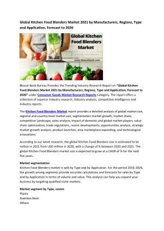 Global Kitchen Food Blenders Market Research Report 2021-2026