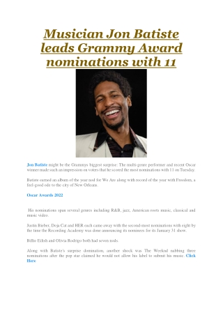 Musician Jon Batiste leads Grammy Award nominations with 11