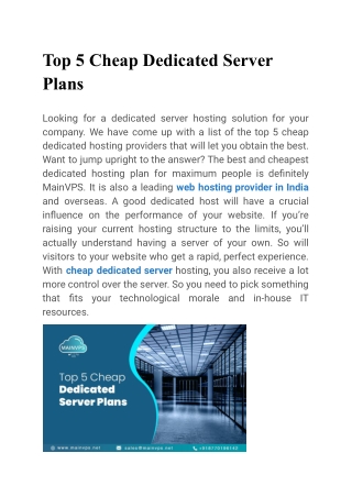 Top 5 Cheap Dedicated Server Plans