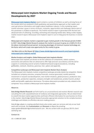 Metacarpel Joint Implants Market Ongoing Trends and Recent Developments by 2027