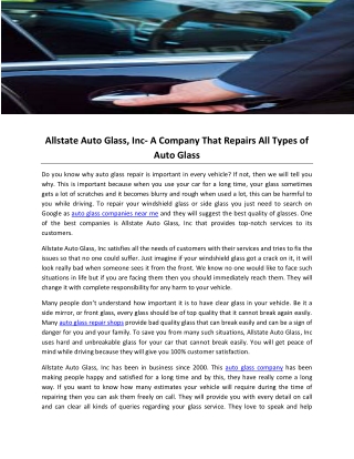 Allstate Auto Glass, Inc- A Company That Repairs All Types of Auto Glass