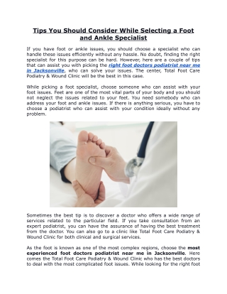 Tips You Should Consider While Selecting a Foot and Ankle Specialist