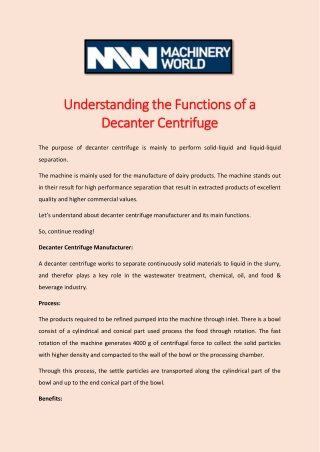 Understanding The Functions of a Decanter Centrifuge