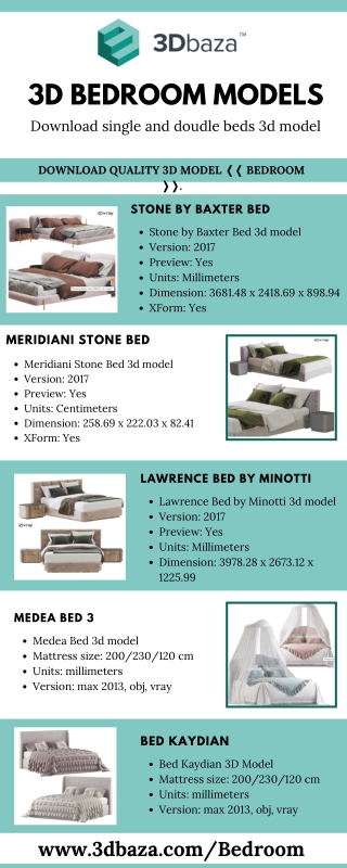 3D bedroom models - Download single and doudle beds 3d model