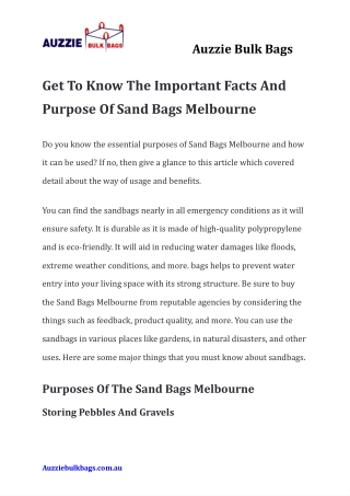 Get To Know The Important Facts And Purpose Of Sand Bags Melbourne