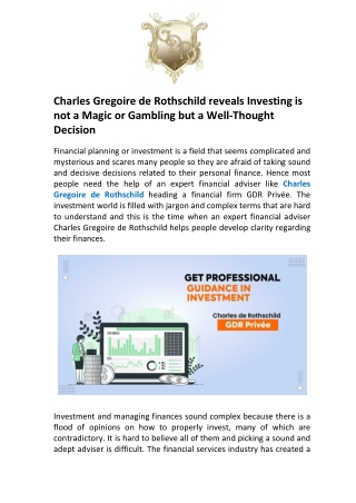 Charles Gregoire de Rothschild reveals Investing is not a Magic or Gambling