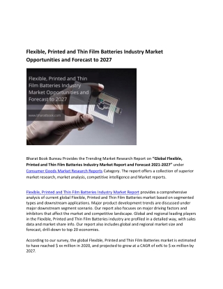 Global Flexible, Printed and Thin Film Batteries Industry Market Report 2027